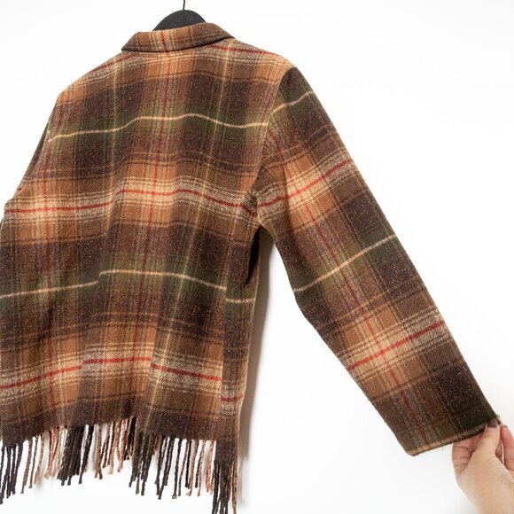 SOLD - Vintage Brown Green Wool-Blend Plaid Fringed Shirt Jacket Norton Studio - Picture 5 of 12